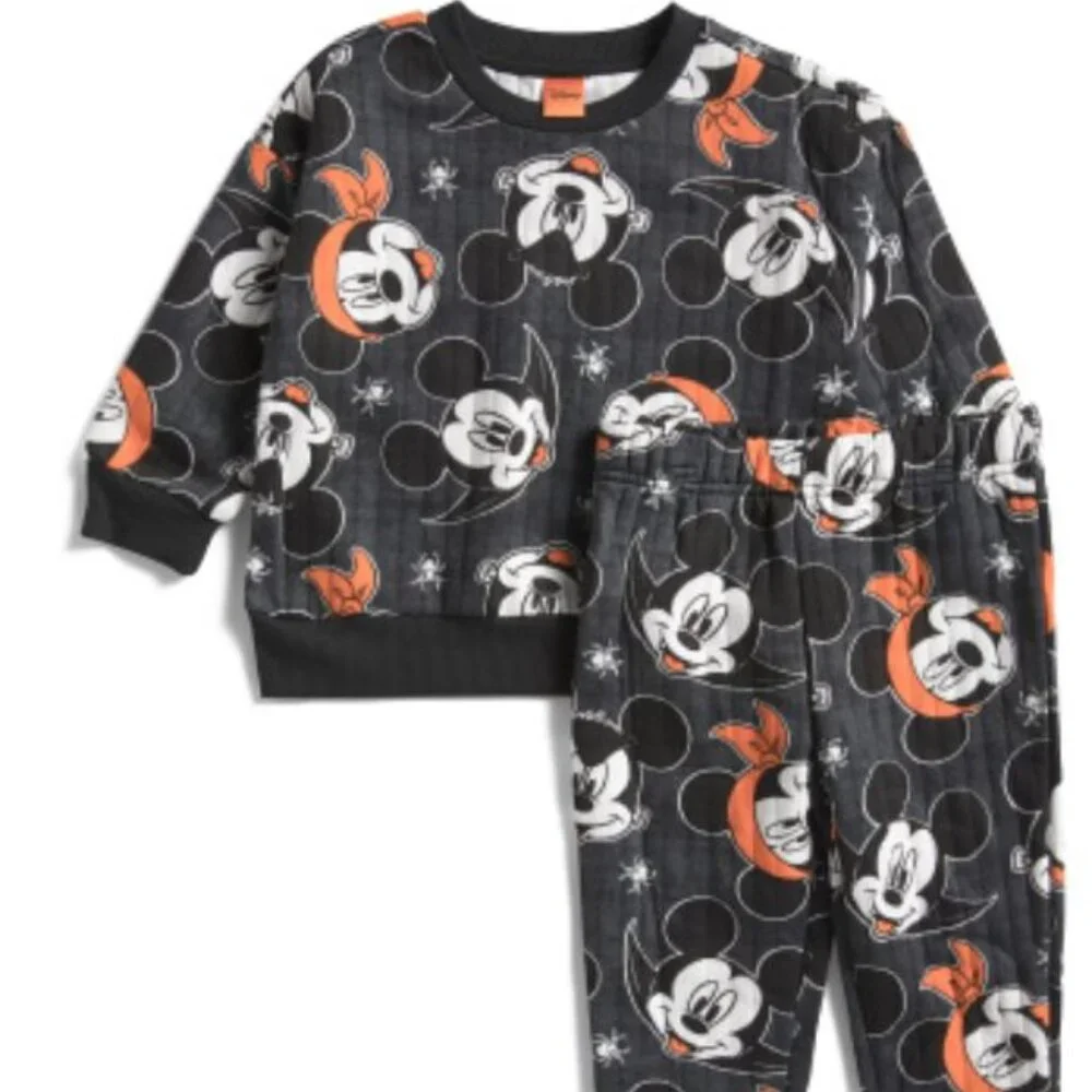 NWT Disney Mickey Halloween Black Fleece Cotton Top & Pants Set Glow in the Dark